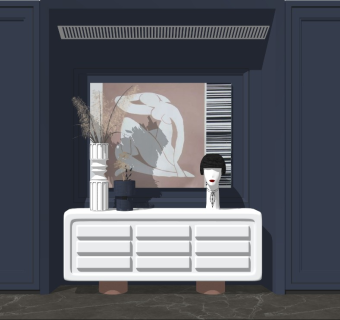 现代玄关柜 装饰画背景墙人像雕塑摆件盆栽干花花瓶